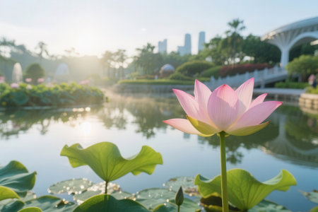Pink lotus flower in the pond with green leaf and city backgroundの素材