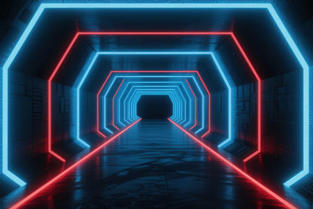 3D abstract background with neon lights. neon tunnel.space construction. 3d illustrationの素材