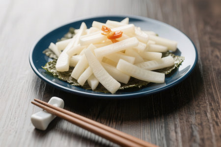 Fried squid on plate with chopsticks on wooden table, closeupの素材