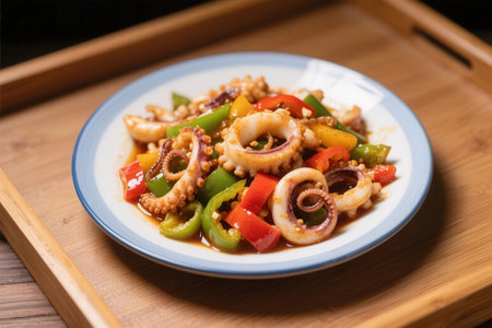 Stir-fried octopus with bell pepper in a white plateの素材