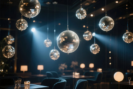 Disco balls hanging from ceiling in a night club, party conceptの素材