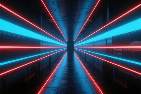 Futuristic corridor with glowing blue and red neon lights. 3D renderingの素材