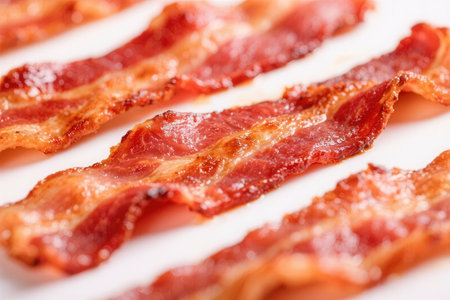 Slices of bacon on a white plate. Close-up.の素材