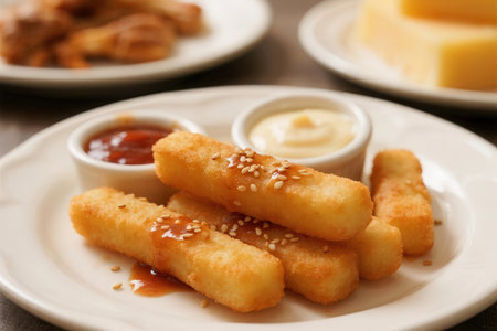Breaded cheese sticks with sesame seeds and mayonnaiseの素材