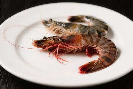 Raw tiger prawns on a white plate on a black backgroundの素材