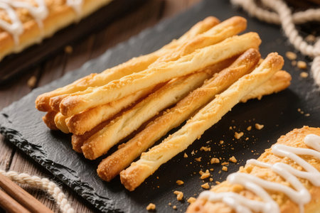 Crispy puff pastry with sugar and cinnamon on wooden background.の素材