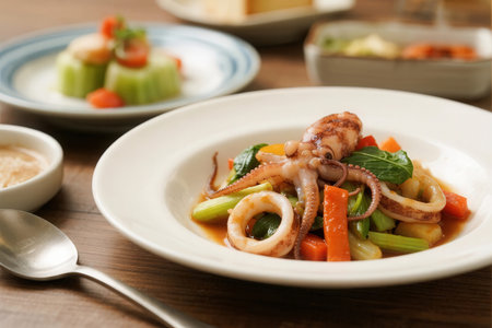 Delicious stir fried octopus with vegetables on plate, closeupの素材