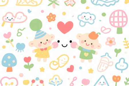 Cute kawaii cartoon hand drawn doodle background.の素材