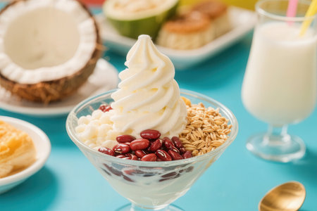 vanilla ice cream with red beans and cornflakes in glassの素材