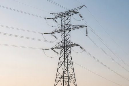 High voltage post. High-voltage tower sky background. Electricity distribution station.の素材