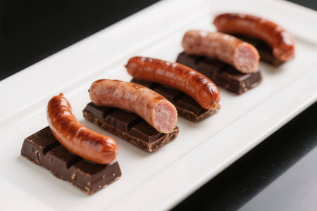 Sausage on a white plate with dark chocolate and black backgroundの素材