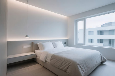 interior of modern bedroom, bedroom with white pillows on bedの素材