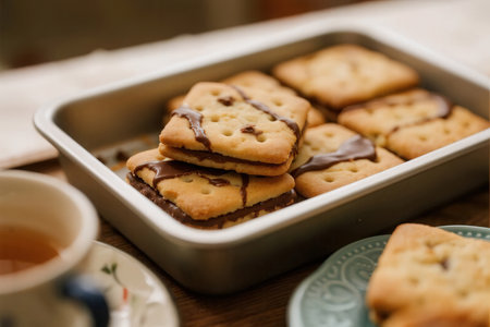 Biscuits with chocolate in a baking dish on a wooden tableの素材