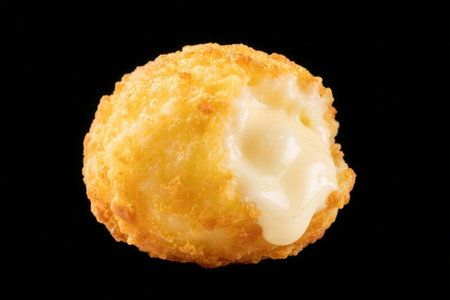 Close up of a cheese croquette on a black background.の素材