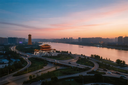 Aerial view of Hangzhou West Lake at dusk, China.の素材