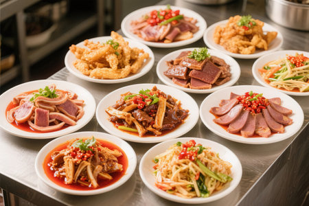 Close-up image of a selection of chinese food in a modern restaurantの素材