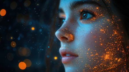 Portrait of a beautiful young woman with bright lights on her faceの素材