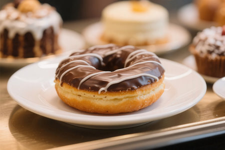 Chocolate donut on white plate on wooden table in bakery shopの素材
