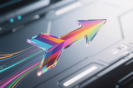 3d rendering of a flying plane on a laptop with colorful lightsの素材