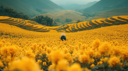 Farmer working on the sunflower field in Yunnan, Chinaの素材