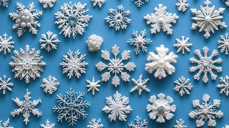 Snowflakes pattern on blue background. Flat lay, top viewの素材