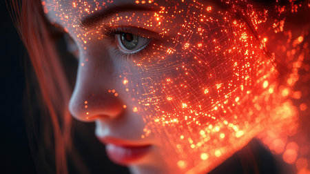 Futuristic woman face with red digital circuit. 3d renderingの素材