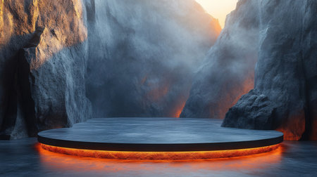 Abstract scene with empty round podium on dark background. Mock up, 3D Renderingの素材