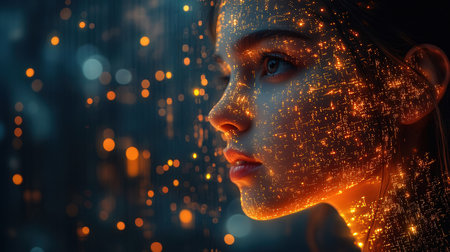 Double exposure portrait of beautiful woman with digital light and bokeh backgroundの素材