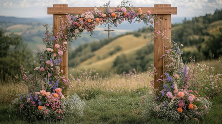 Wedding arch decorated with flowers on the background of the mountainsの素材