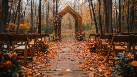 Wedding ceremony in the autumn forest. Wedding arch decorated with flowers.の素材
