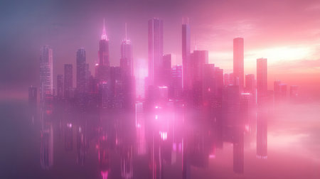Futuristic cityscape with glowing skyscrapers in the fogの素材