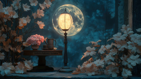 Lantern on the background of a full moon and flowers.の素材