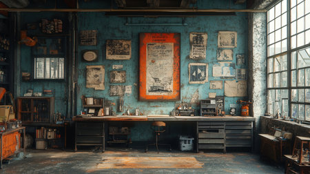 3d rendering of an old room in an abandoned factory building.の素材