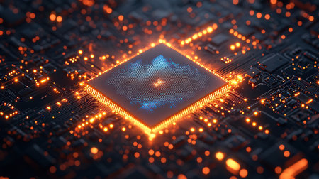 Close up view of a modern GPU card circuit. 3D renderingの素材