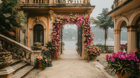 wedding archway decorated with flowers and plants in a tropical gardenの素材