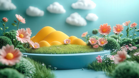 Easter eggs with grass and flowers on blue background. 3d renderの素材
