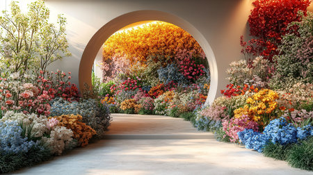 3d render of flower garden with arch and sunlight in the morningの素材
