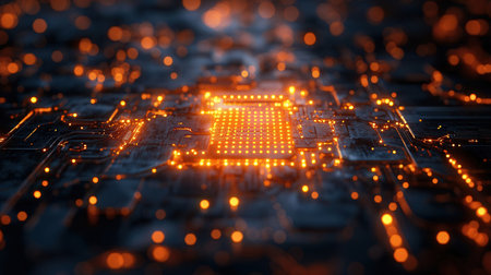 Circuit board. Electronic computer hardware technology. Motherboard digital chip. Tech science background. Integrated communication processor. Information engineering component.の素材