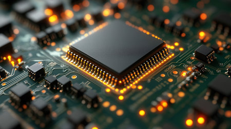 Close-up of electronic circuit board with processor and microchipsの素材