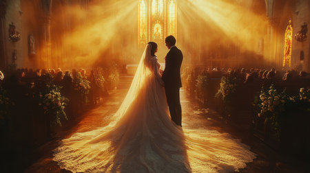 Wedding couple walking in the church. Bride and groom at the altarの素材