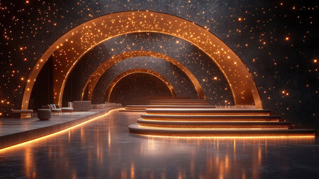 3d rendering of modern podium with golden lights. Futuristic interior designの素材