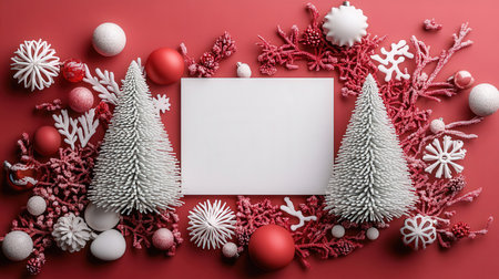 Christmas greeting card mockup with white and red decorations on red backgroundの素材