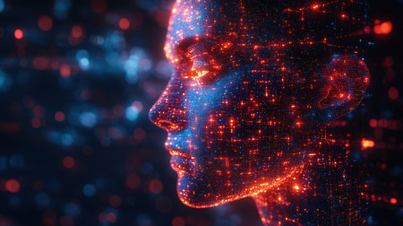 Digital cyborg face with red particles. 3d rendering double exposureの素材