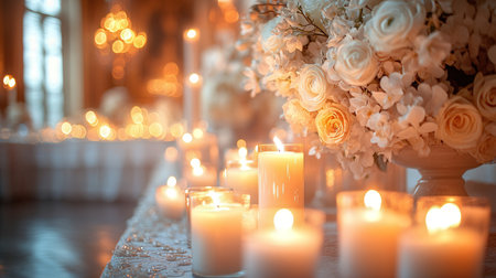 wedding table with candles and flowers in a rustic styleの素材