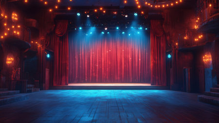 Theater stage with red curtains and spotlights. 3d renderingの素材