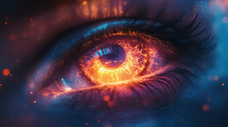 Close up of human eye with fire in it. 3D renderingの素材