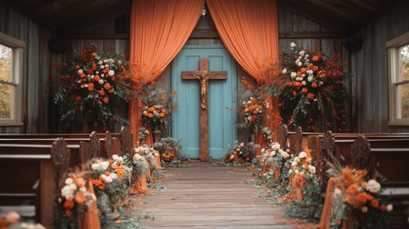 Interior of an old church decorated with flowers and a wooden crossの素材