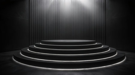 3D rendering of a round podium illuminated by spotlights in a dark roomの素材