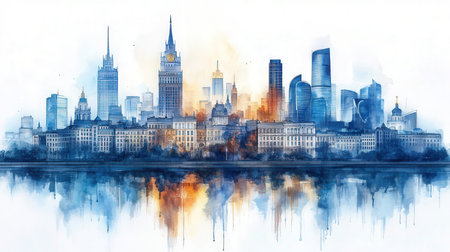 Panoramic view of the skyline of the city on a watercolor backgroundの素材