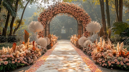 Wedding arch decorated with flowers in the park, Thailand.の素材